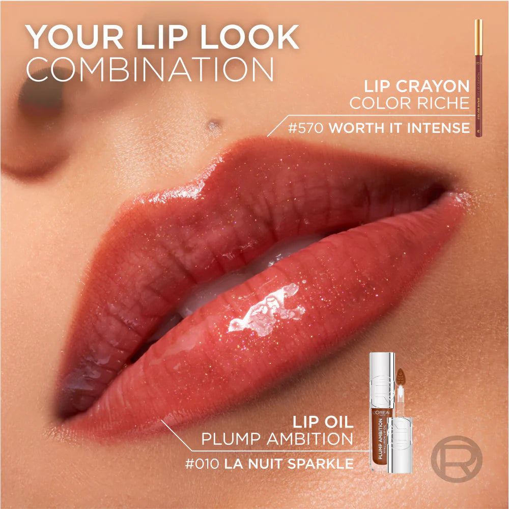 LOREAL PARIS Plump Ambition Hyaluron Lip Oil, 24HR Hydration and Volumizing Shine
