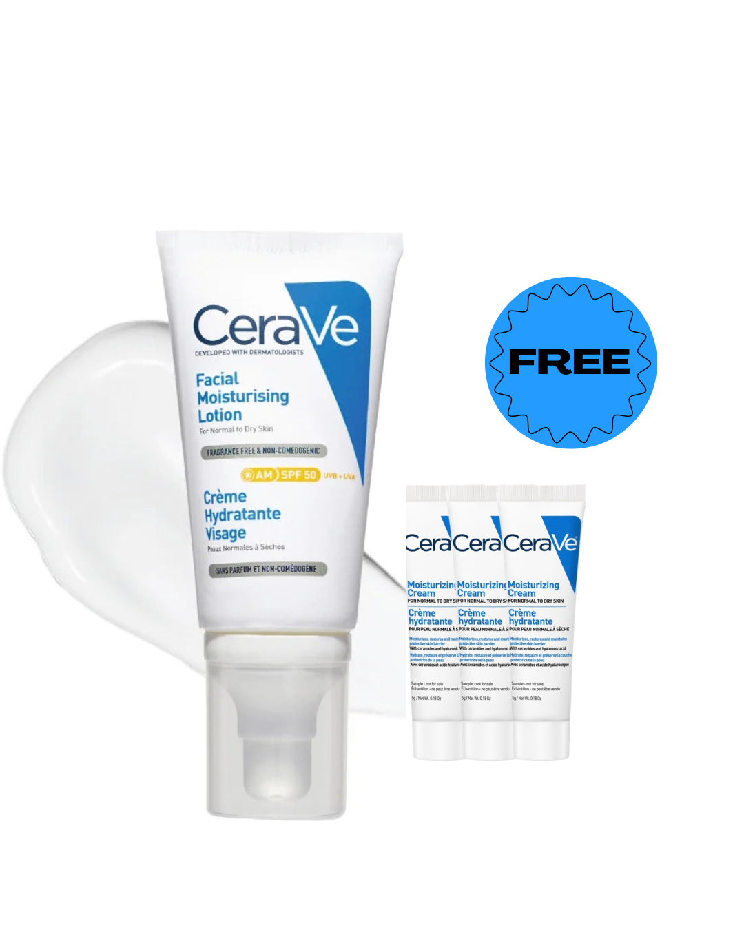 CERAVE AM Facial Moisturizing Lotion SPF50 for Normal to Dry Skin 52ml + FREE moisturizing lotion