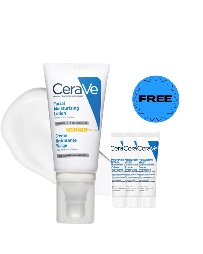 CERAVE AM Facial Moisturizing Lotion SPF50 for Normal to Dry Skin 52ml + FREE moisturizing lotion