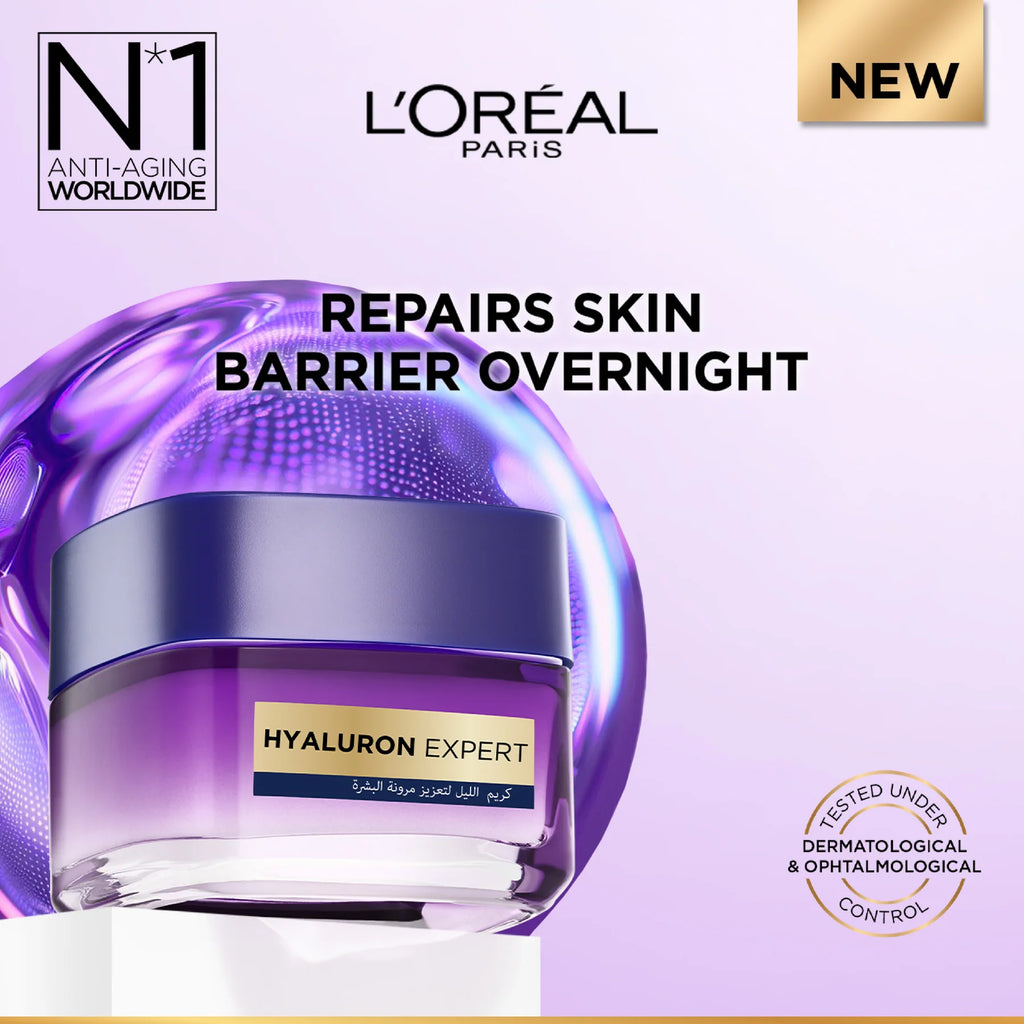 L’Oréal Paris, Hyaluron Expert, Replumping and Moisturizing Night Cream, against Fine Lines, for Intense Hydration, with Hyaluronic Acid, 50 ml