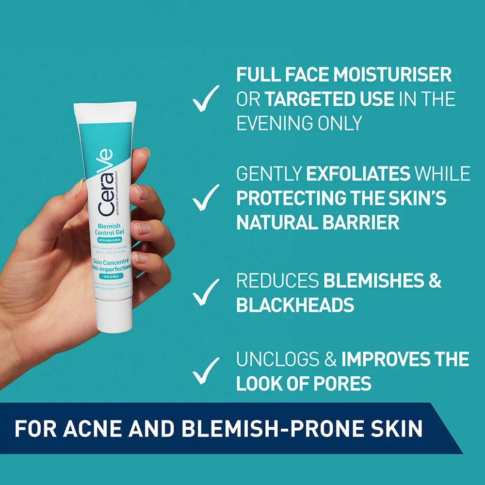 CERAVE Blemish Control Gel Facial Moisturiser For Acne & Blemishes with Glycolic Acid and Lactic Acid AHA/BHA
