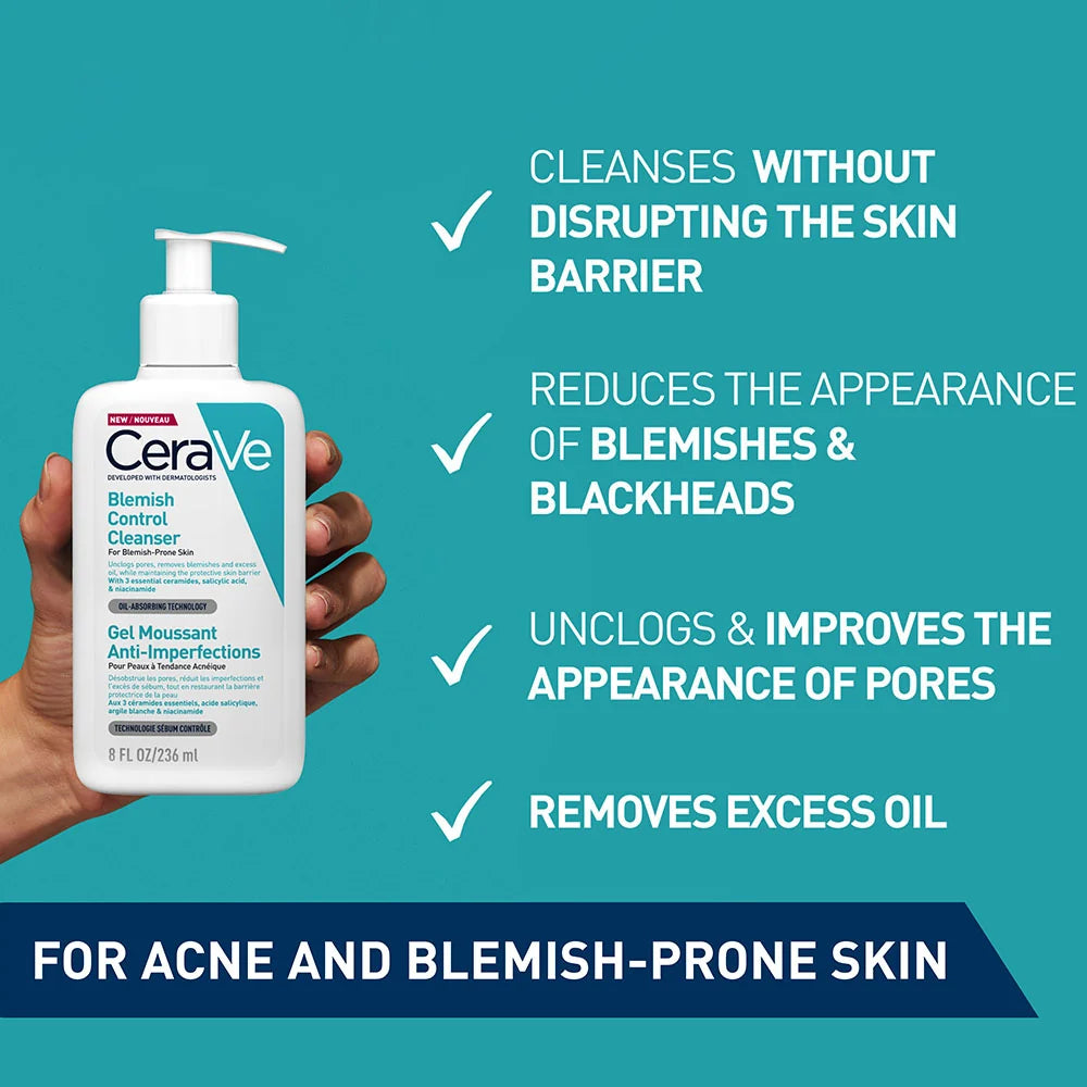 CERAVE Blemish Control Cleanser Face Wash For Acne & Blemish Prone Skin with 2% Salicylic Acid, Niacinamide and Ceramides