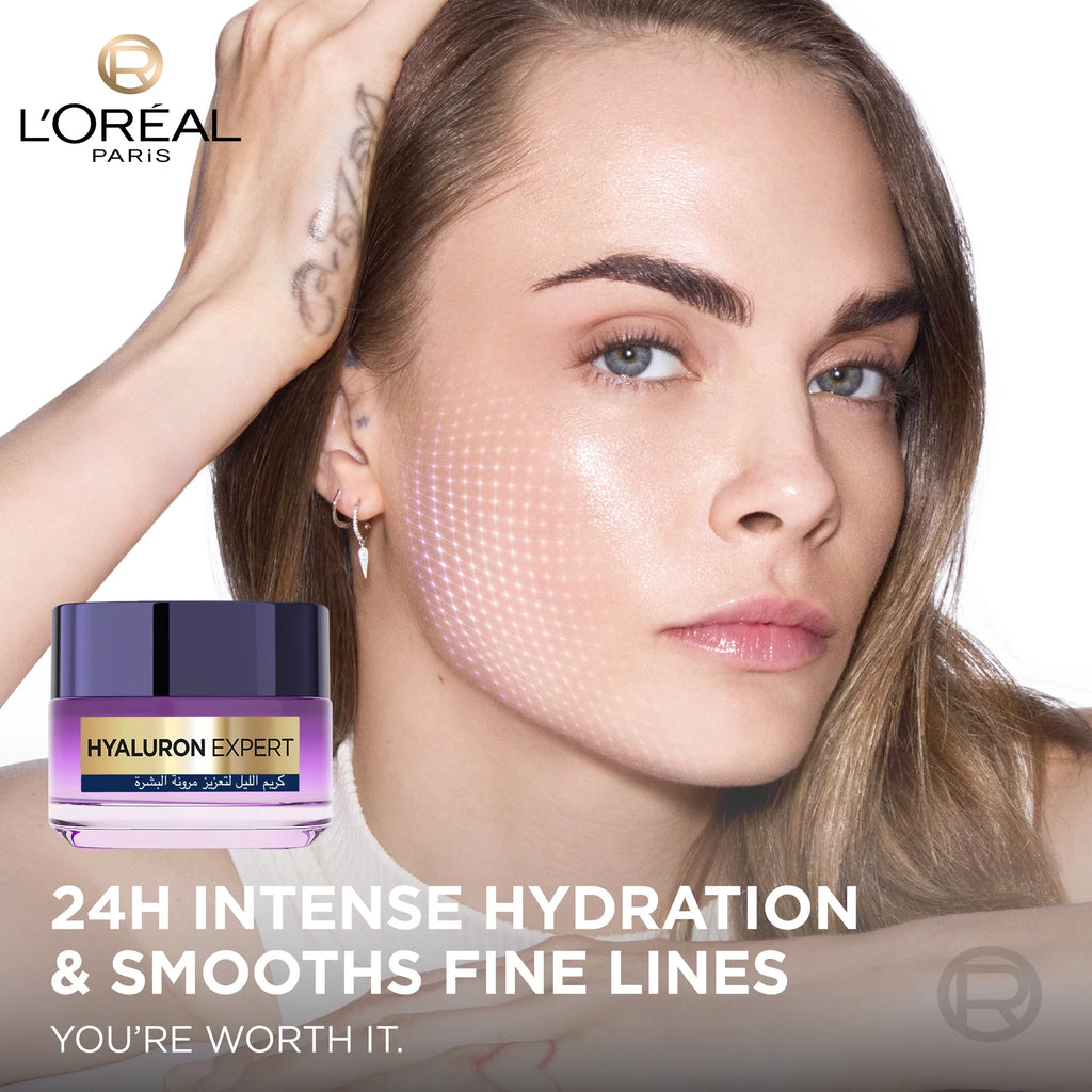 L’Oréal Paris, Hyaluron Expert, Replumping and Moisturizing Night Cream, against Fine Lines, for Intense Hydration, with Hyaluronic Acid, 50 ml