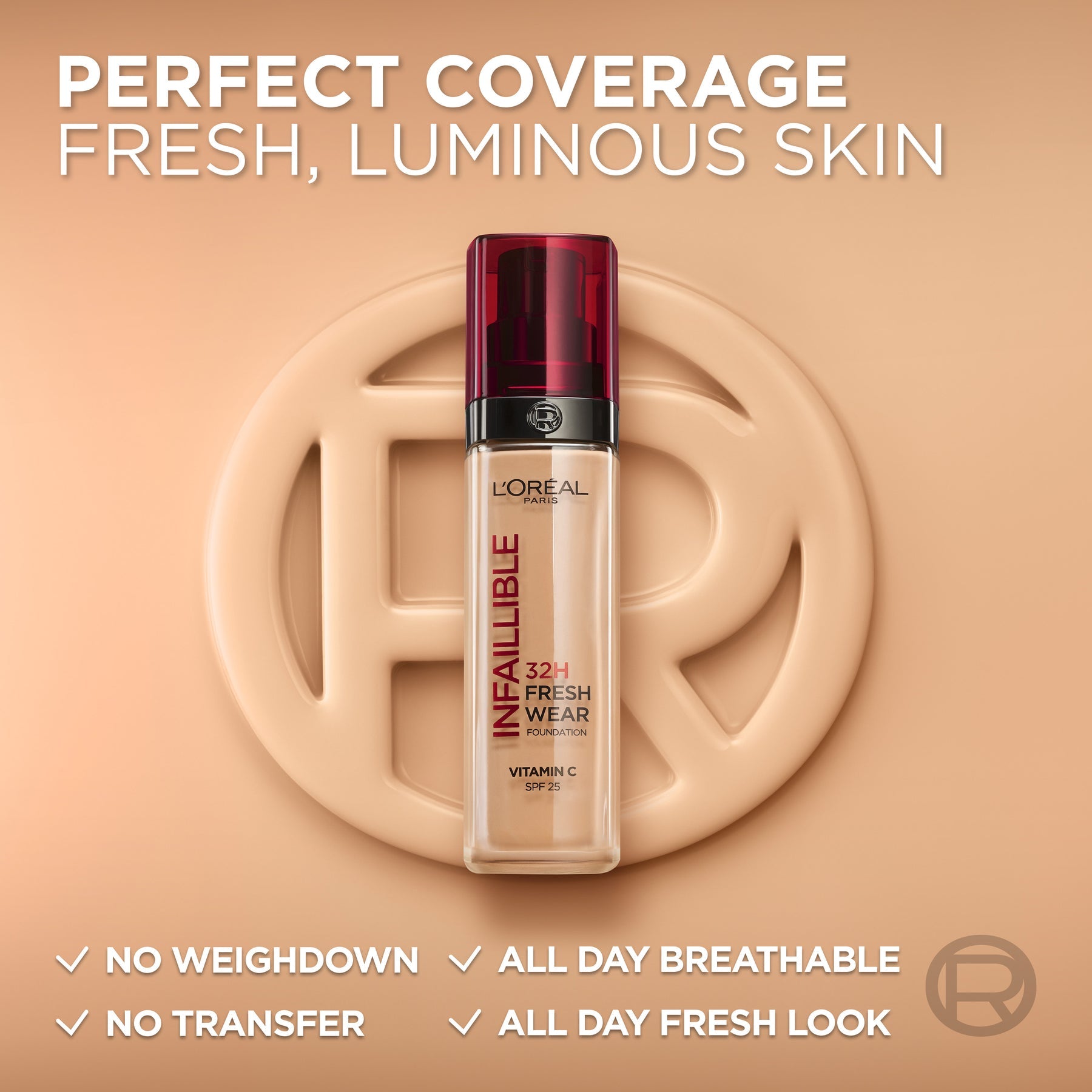 LOREAL Infaillible 32H Freshwear Longwear Liquid Foundation, Vitamin C, SPF25