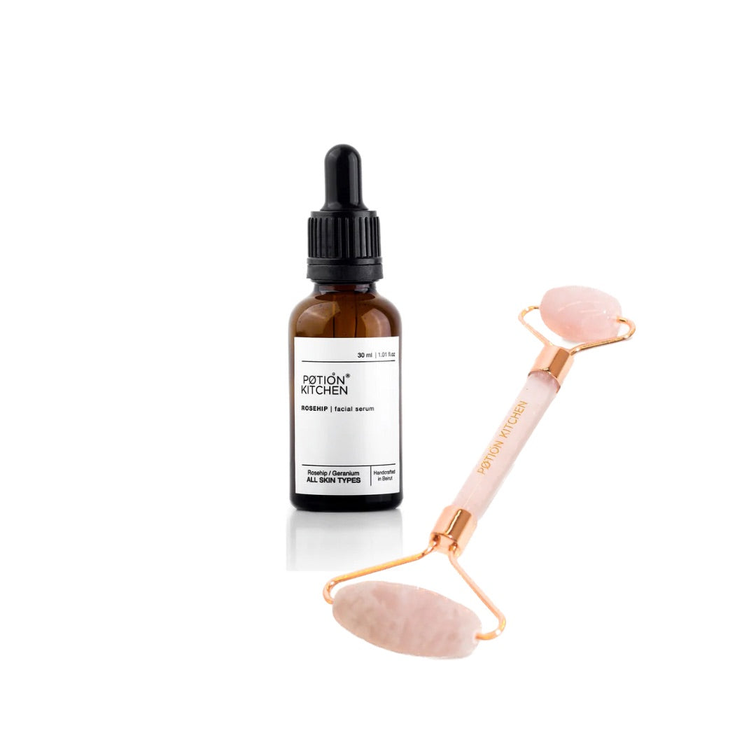 EXCLUSIVE BUNDLE -POTION KITCHEN - Rose Quarts Roller Stone + Geranium Face Serum