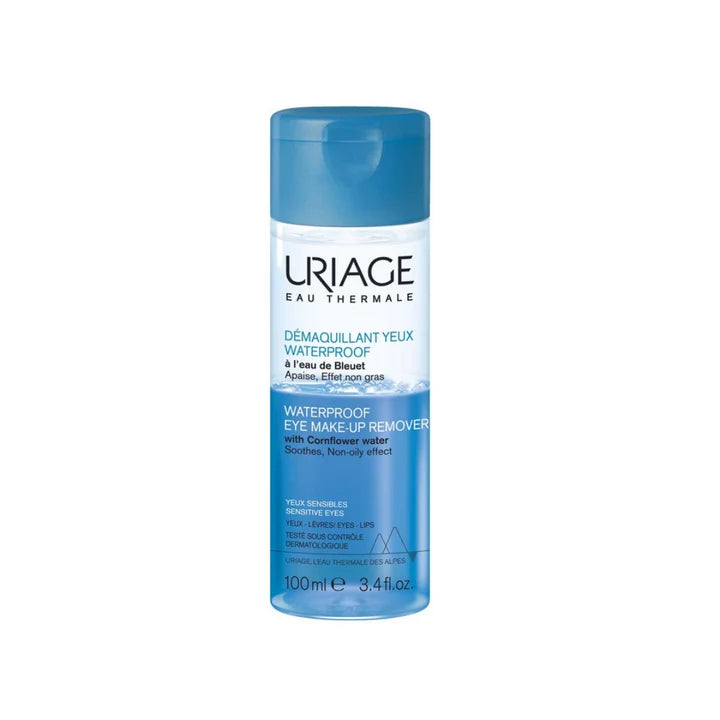 A 100ml bottle of Uriage Eau Thermale Waterproof Eye Make-Up Remover, featuring a blue cap and a white-to-blue gradient bottle with black and blue text.